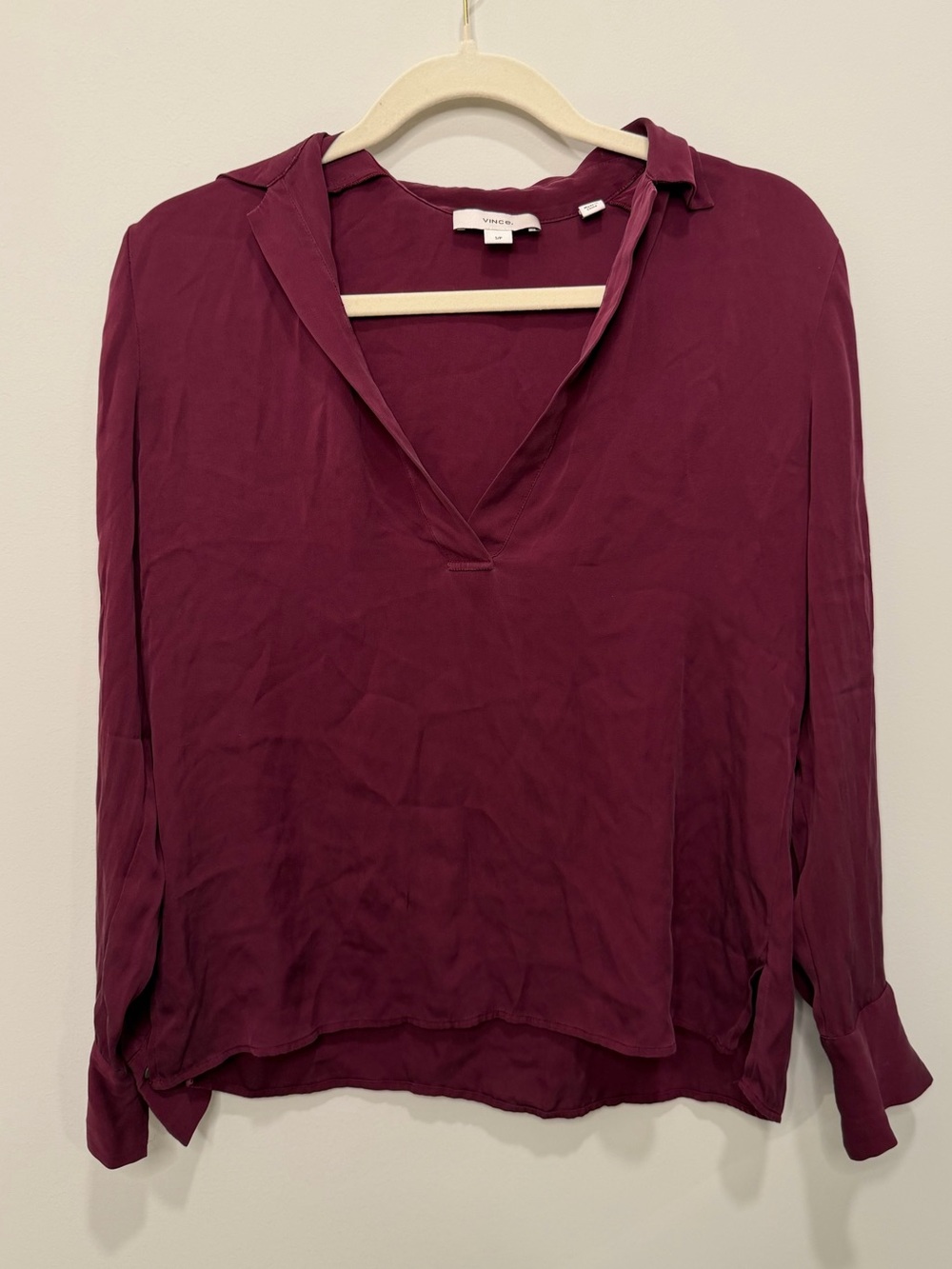 Vince Burgundy Silk Blend Collared V Neck Blouse Size Small